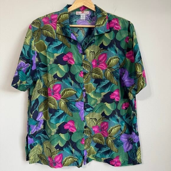 Vintage Women's Silk Shirt Large Floral Button Down Tropical Shoulder Pads 80s - Picture 1 of 10